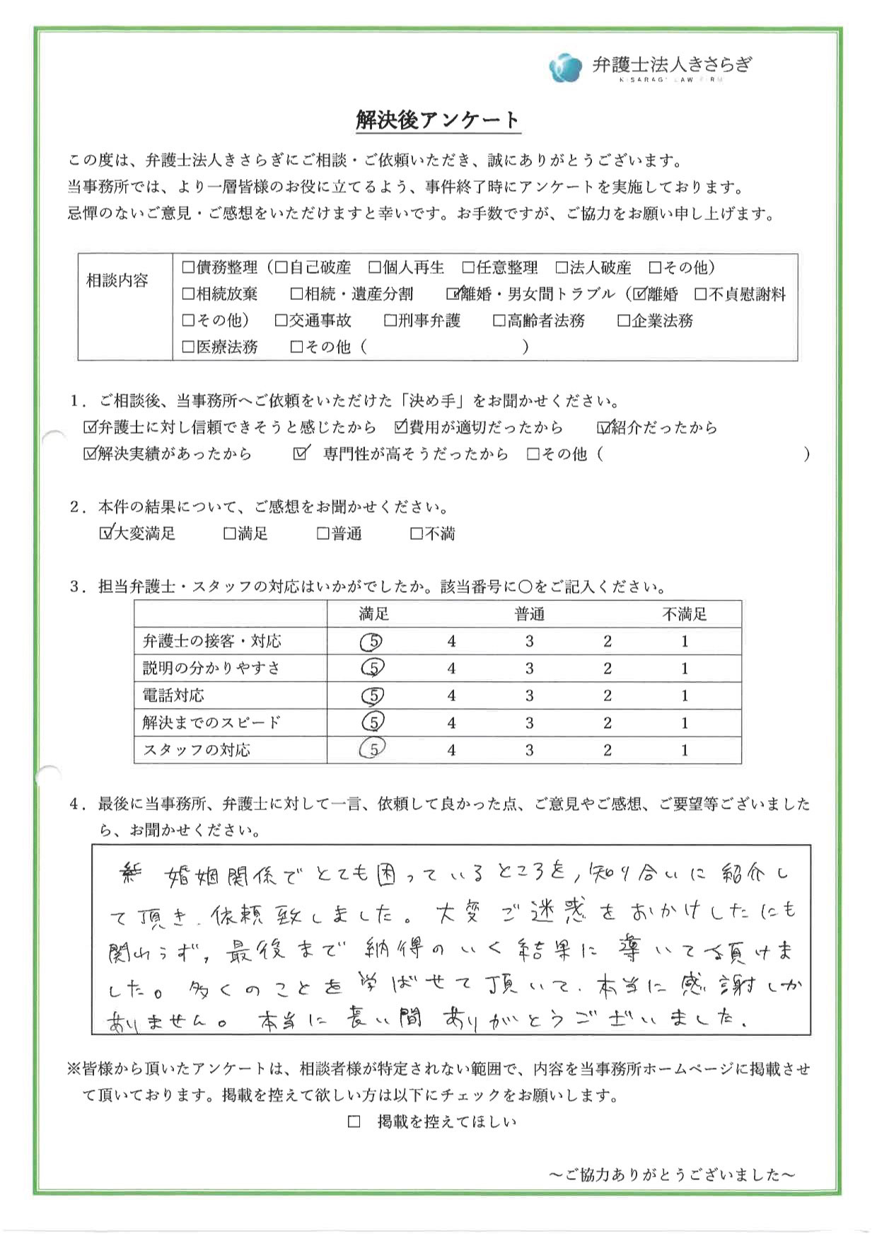 婚姻関係でとても困っているところを、知り合いに紹介して頂き、依頼致しました。大変ご迷惑をおかけしたにも関わらず、最後まで納得のいく結果に導いて頂けました。多くのことを学ばせて頂いて、本当に感謝しかありません。本当に長い間ありがとうございました