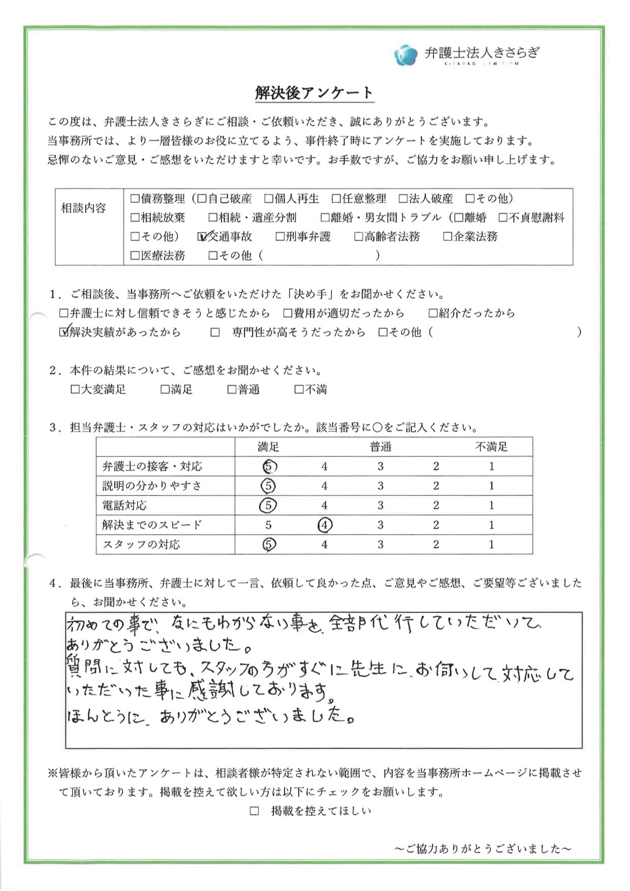 初めての事で、なにもわからない事を、全部代行していただいて、ありがとうございました。質問に対しても、スタッフの方がすぐに先生にお伺いして対応していただいた事に感謝しております。ほんとうにありがとうございました