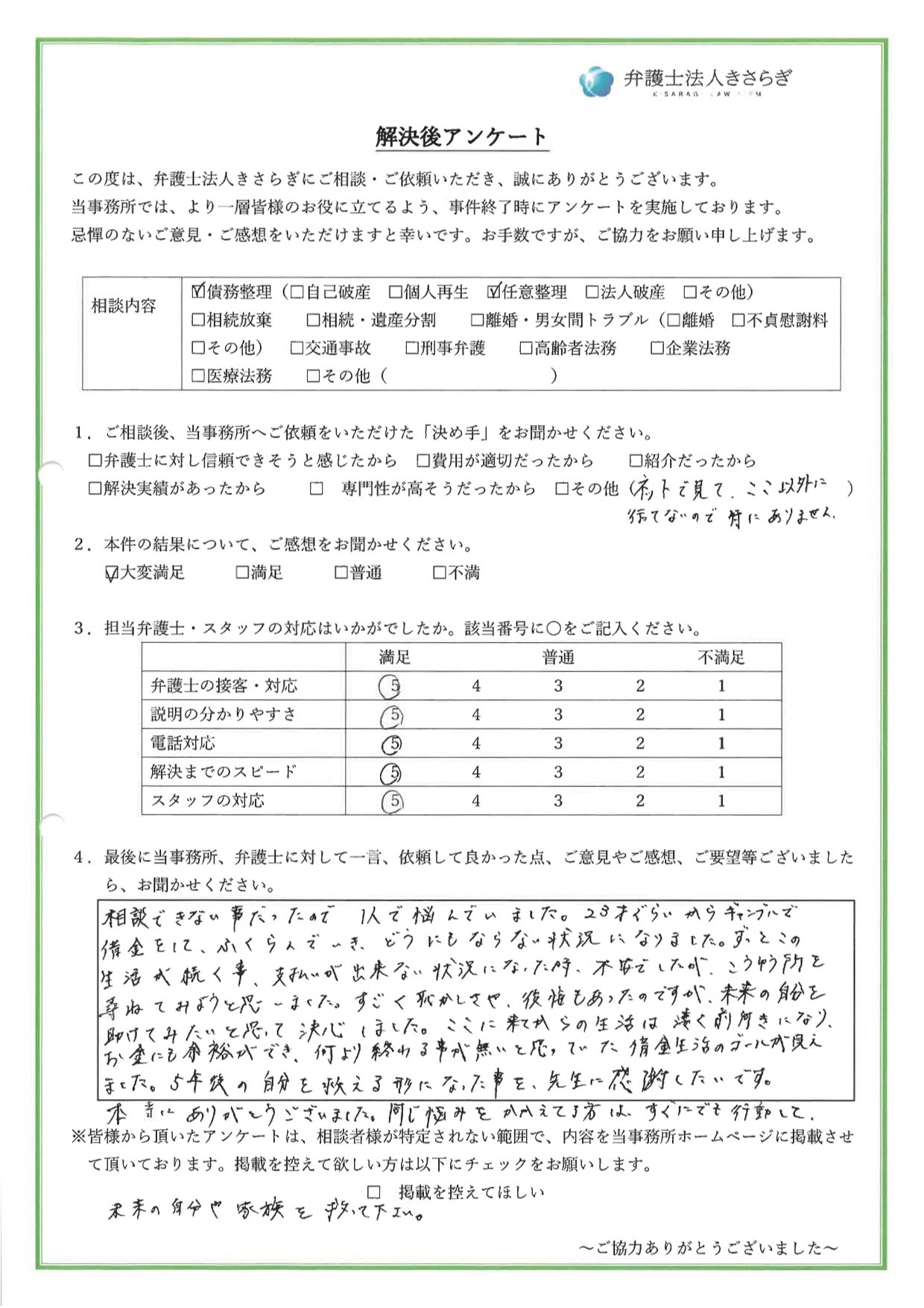 ギャンブルで借金をして、1人で悩んでいました。どうにもならない状況になった時、すごく恥かしさや、後悔もあったのですが、未来の自分を助けてみたいと思って決心しました。ここに来てからの生活は凄く前向きになり、お金にも余裕ができ、何より終わる事が無いと思っていた借金生活のゴールが見えました。5年後の自分を救える形になった事を、先生に感謝したいです。同じ悩みをかかえてる方は、すぐにでも行動して、未来の自分や家族を救って下さい