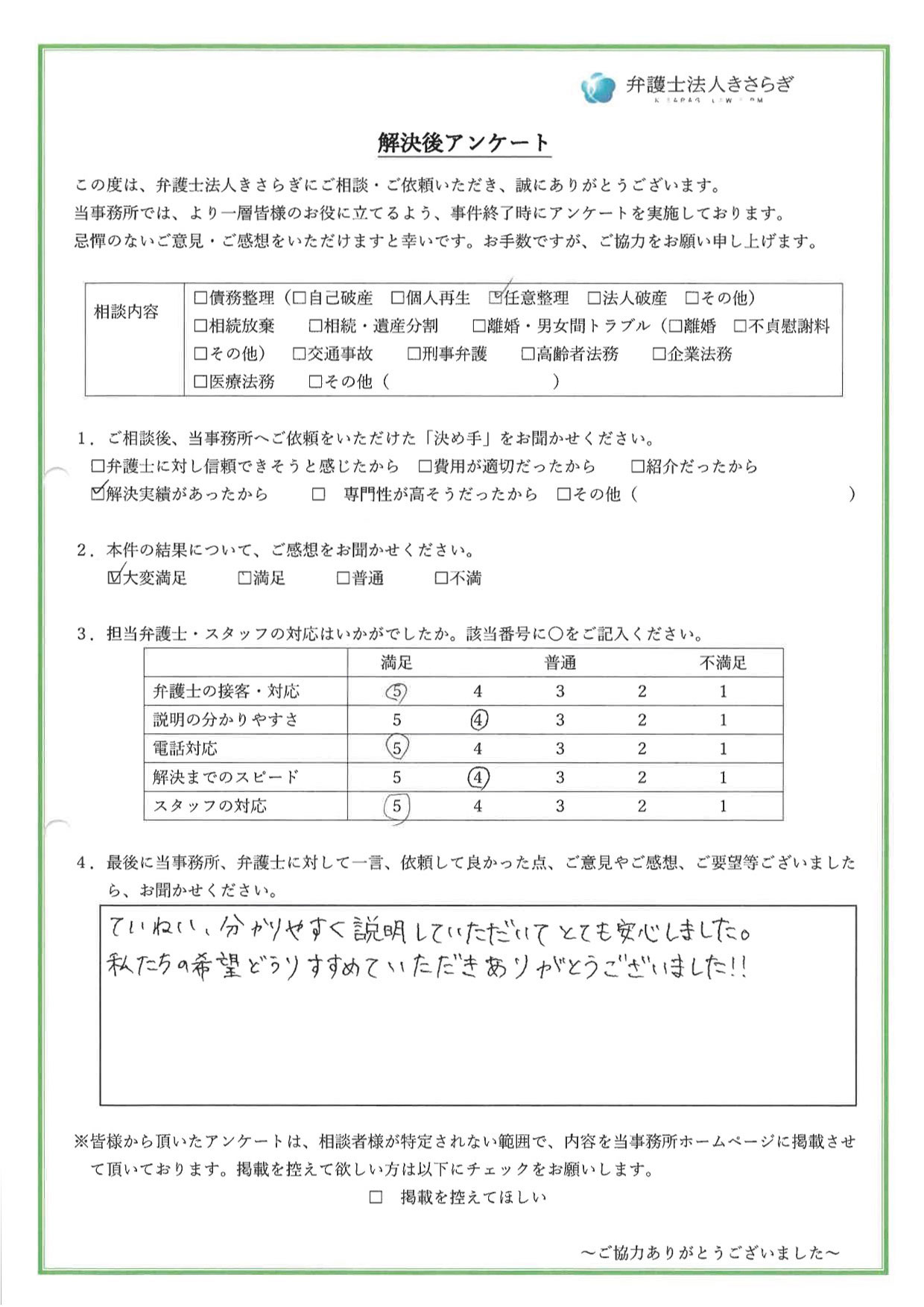 ていねい、分かりやすく説明していただいてとても安心しました。私たちの希望どうりすすめていただきありがとうございました!!