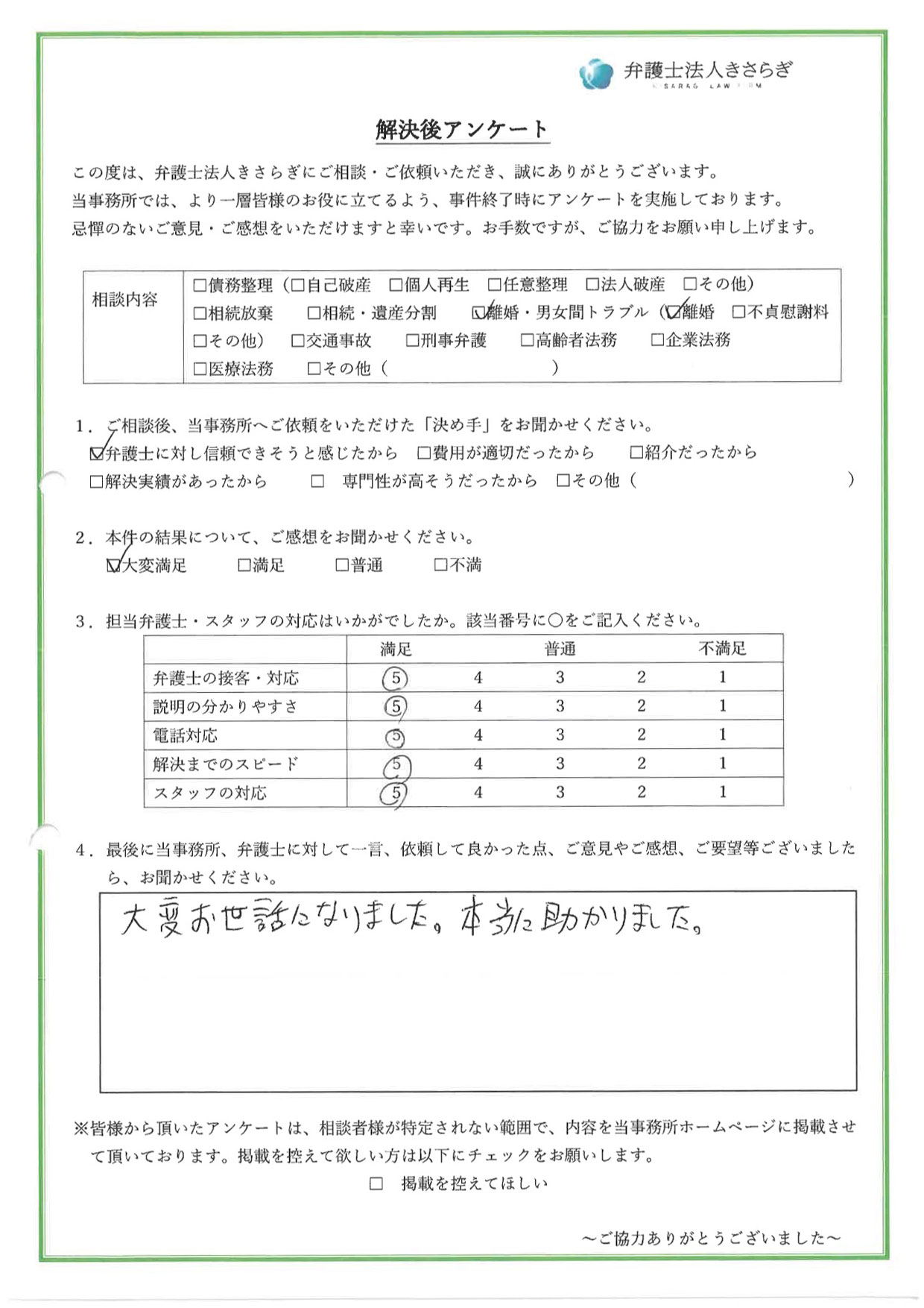 大変お世話になりました。本当に助かりました