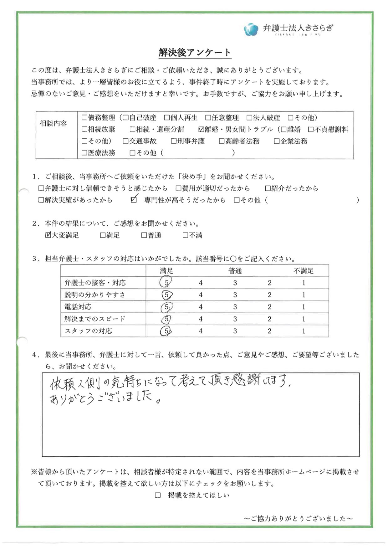 依頼人側の気持ちになって考えて頂き感謝してます。ありがとうございました