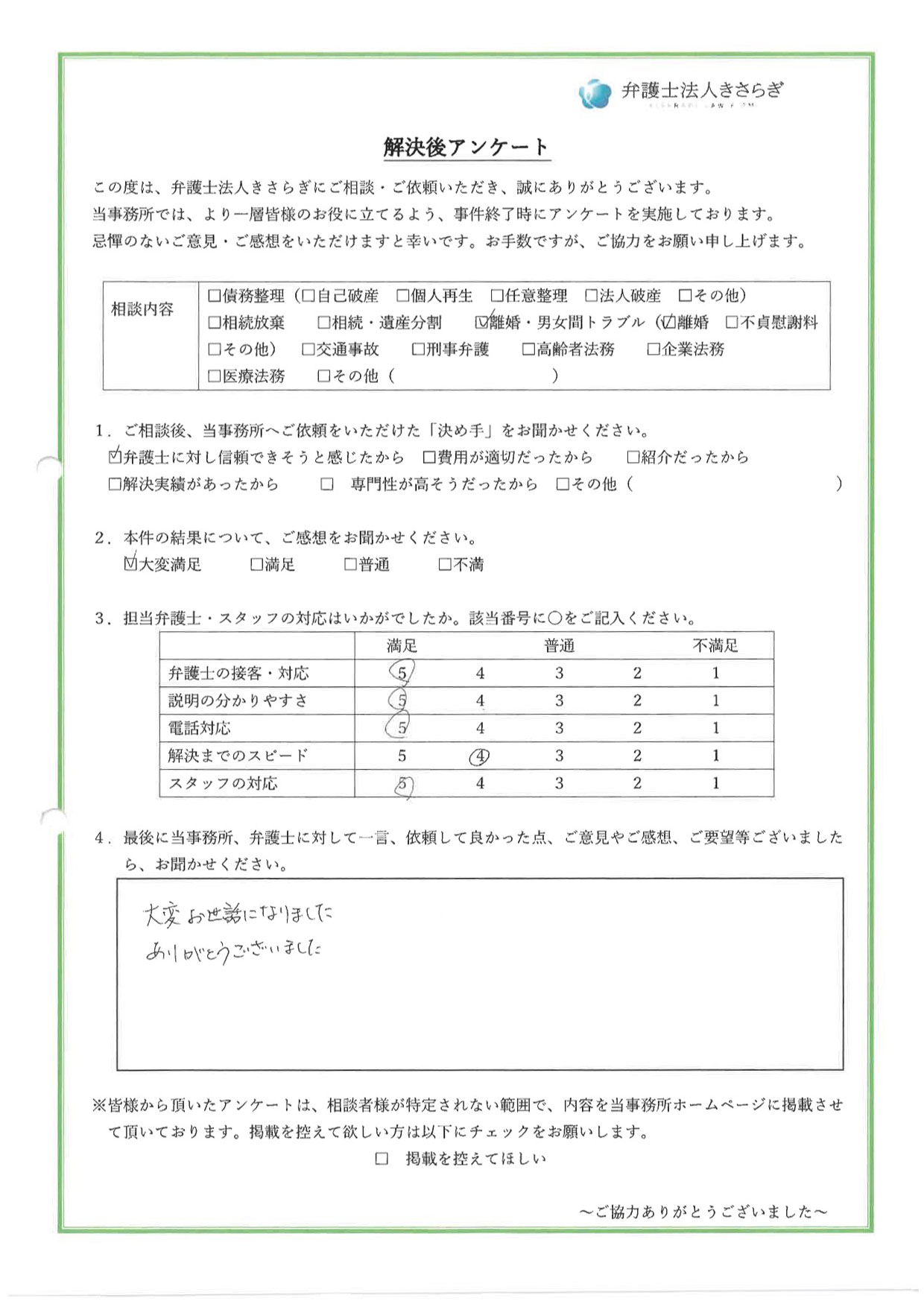 大変お世話になりました。ありがとうございました