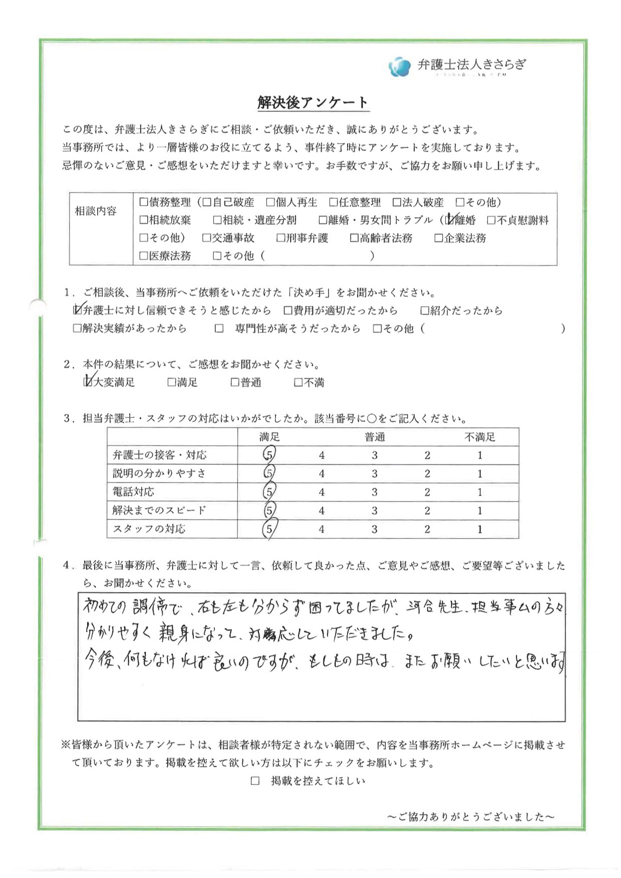 初めての調停で、右も左も分からず困ってましたが、河合先生、担当事務の方々、分かりやすく親身になって対応していただきました。今後、何もなければ良いのですが、もしもの時は、またお願いしたいと思います