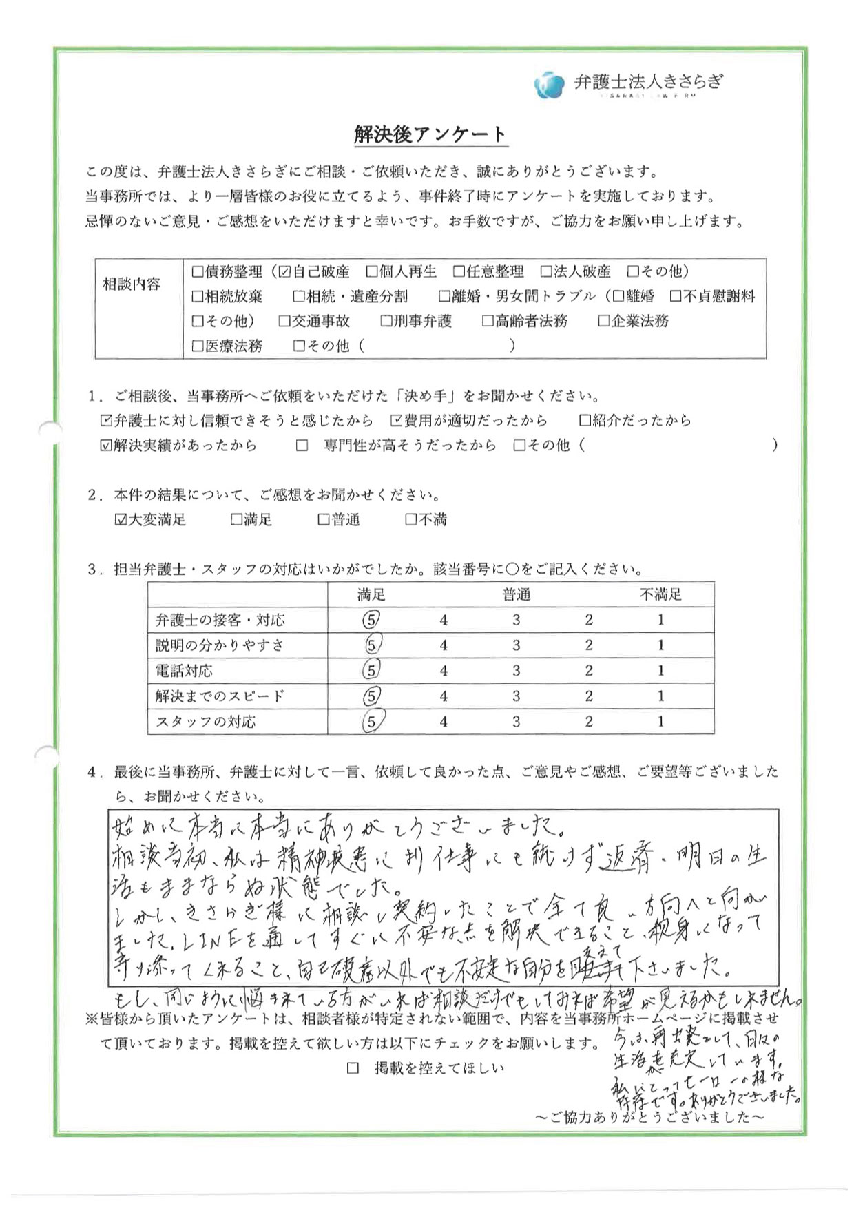 相談当初、私は明日の生活もままならぬ状態でしたが、きさらぎ様に相談したことで全て良い方向へと向かいました。LINEを通してすぐに不安な点を解決できること、親身になって寄り添ってくれること、不安定な自分を支えて下さいました。もし、同じように悩まれている方がいれば相談だけでもしてみれば希望が見えるかもしれません。今は再出発して、日々の生活が充実しています。私にとってヒーローの様な存在です。ありがとうございました