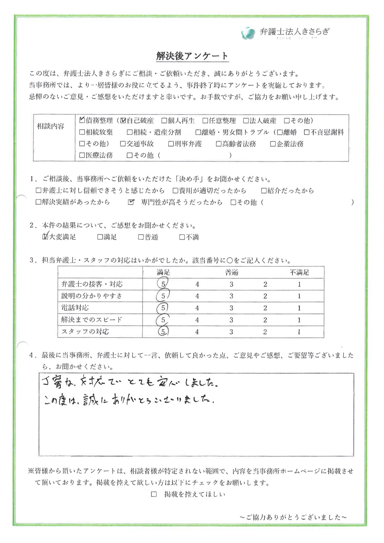 丁寧な対応でとても安心しました。この度は、誠にありがとうございました