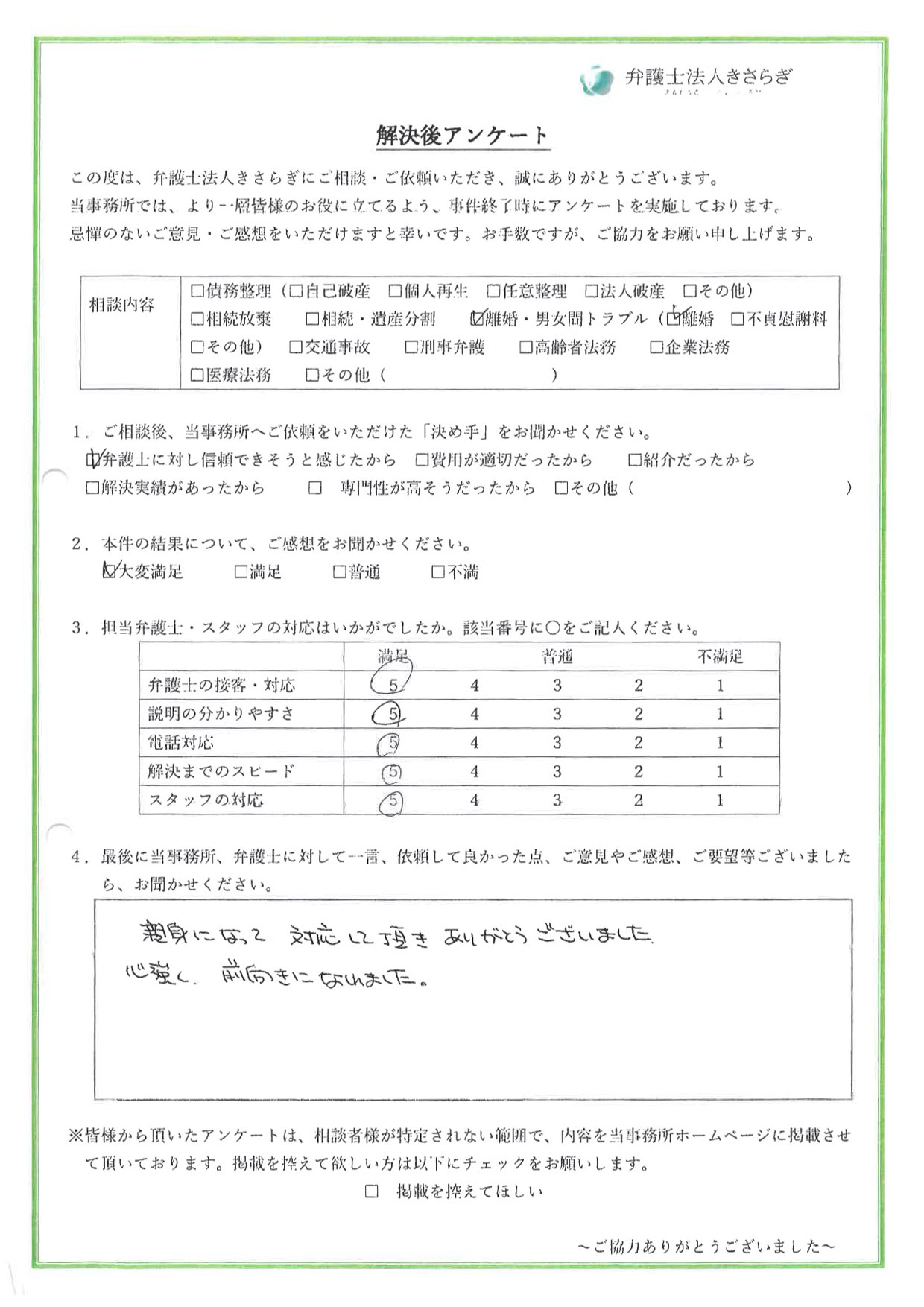 親身になって対応して頂きありがとうございました。心強く、前向きになれました