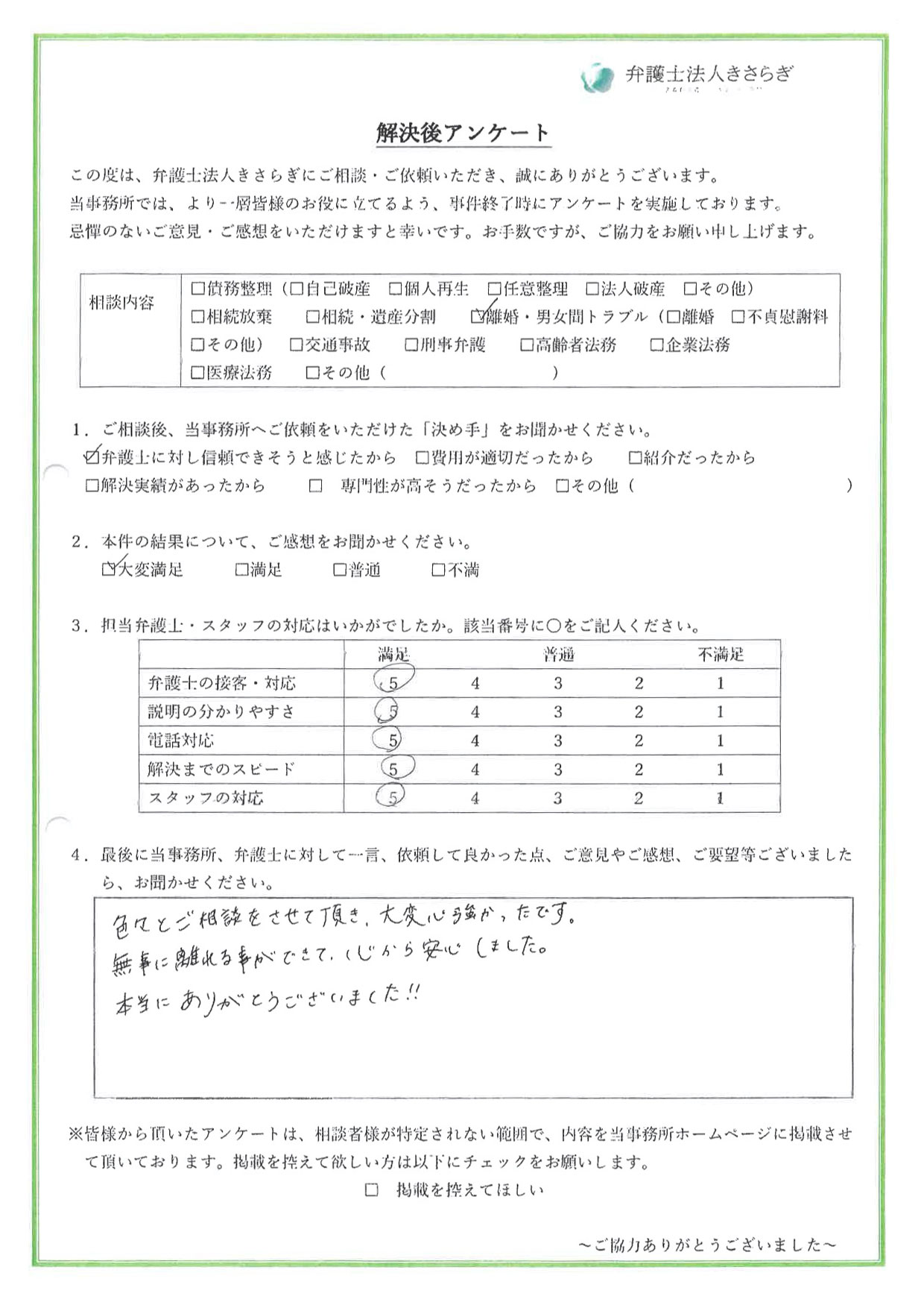 色々とご相談をさせて頂き、大変心強かったです。無事に離れる事ができて、心から安心しました。本当にありがとうございました！！