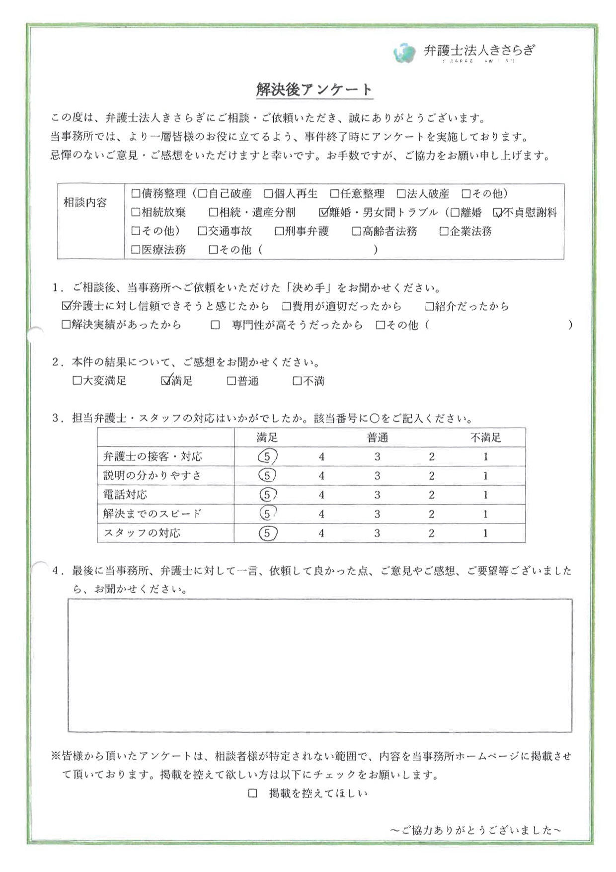 弁護士の接客・対応に満足しています