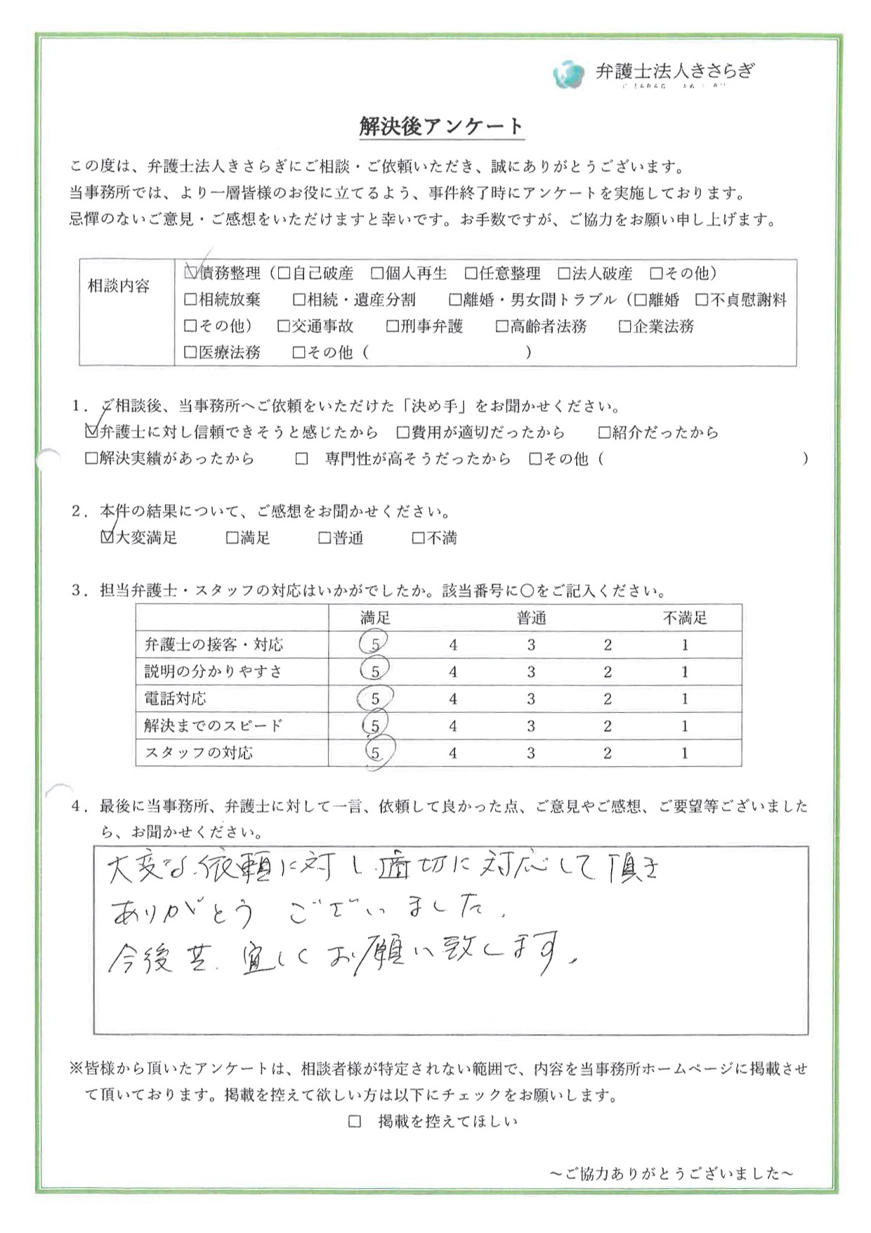 大変な依頼に対し、適切に対応して頂きありがとうございました。今後共、宜しくお願い致します