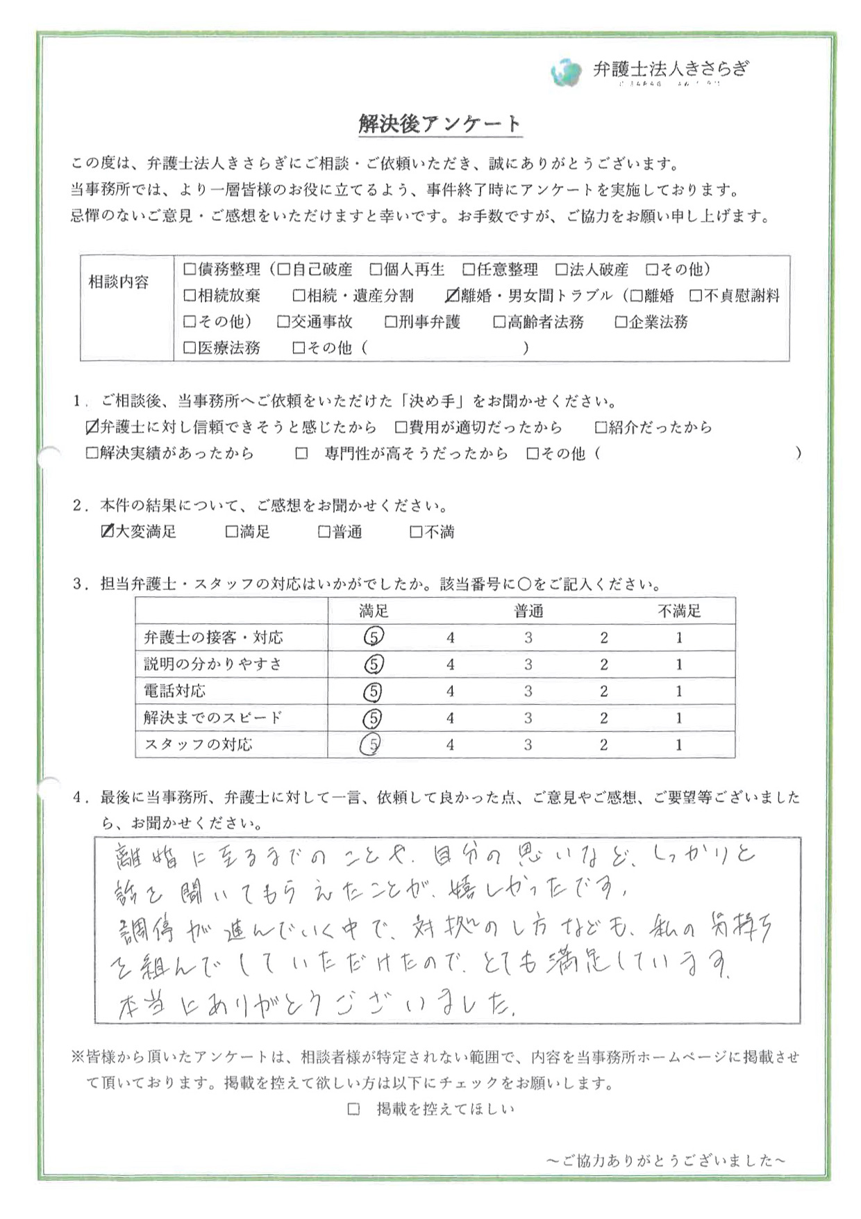 離婚に至るまでのことや、自分の思いなど、しっかりと話を聞いてもらえたことが、嬉しかったです。調停が進んでいく中で、対処の仕方なども、私の気持ちを組んでしていただけたので、とても満足しています。本当にありがとうございました