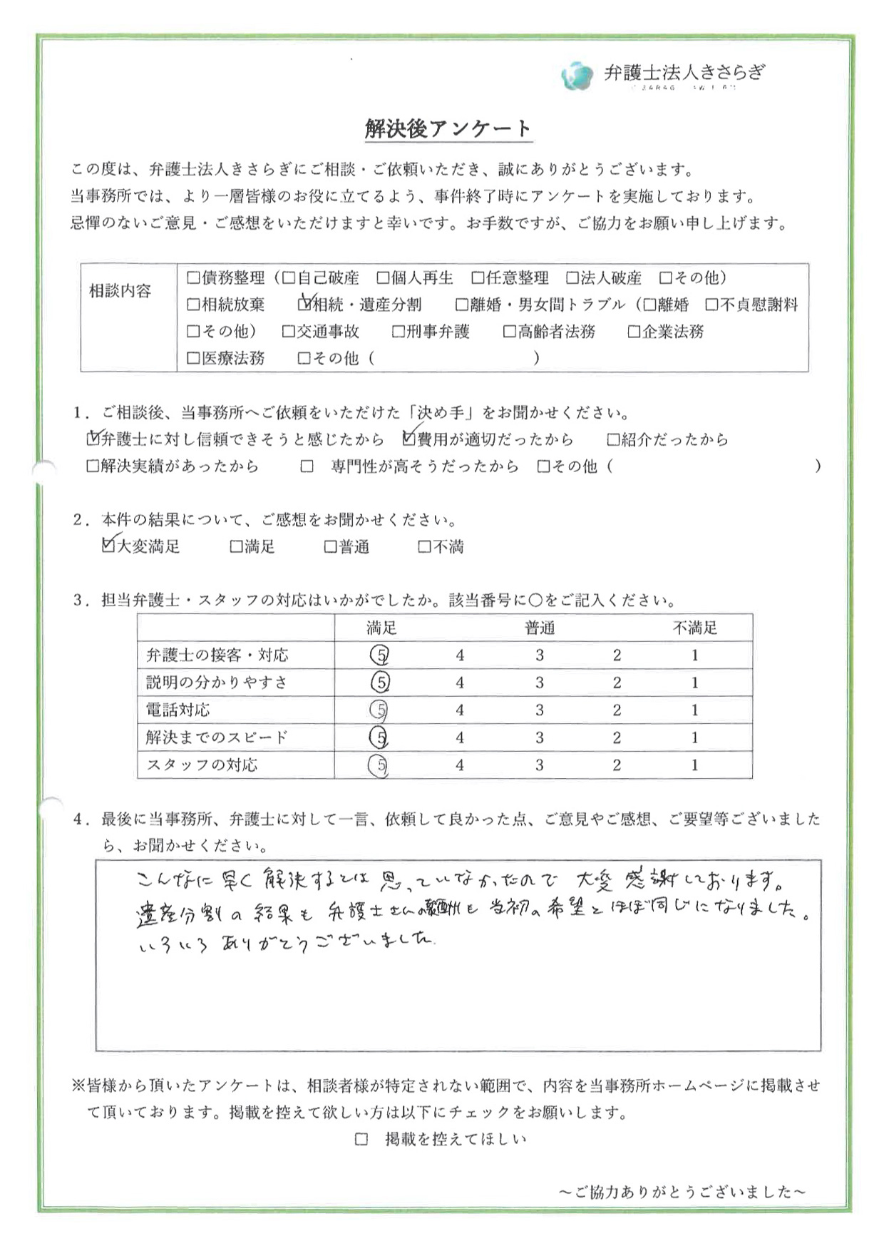 こんなに早く解決するとは思っていなかったので大変感謝しております。遺産分割の結果も弁護士さんの報酬も、当初の希望とほぼ同じになりました。いろいろありがとうございました