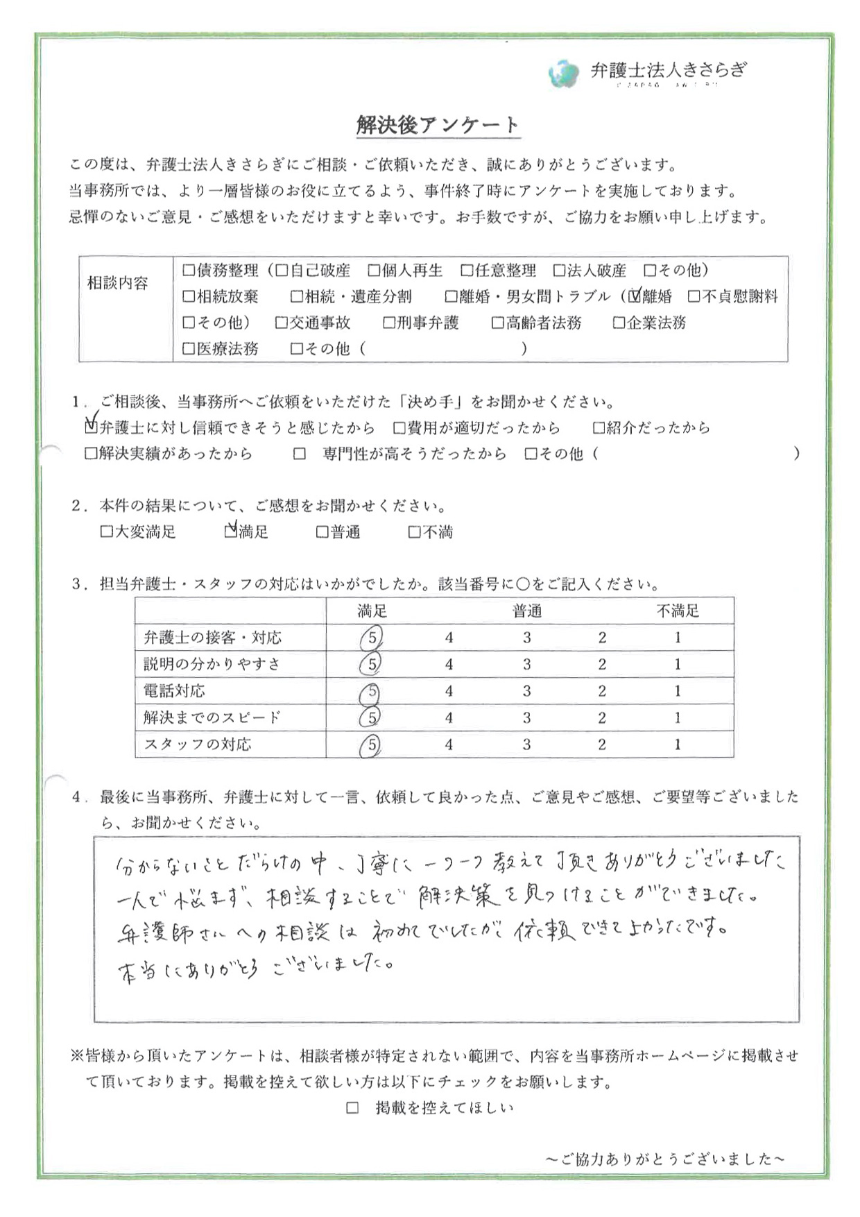 分からないことだらけの中、丁寧に一つ一つ教えて頂きありがとうございました。一人で悩まず、相談することで解決策を見つけることができました。弁護士さんへの相談は初めてでしたが、依頼できてよかったです。本当にありがとうございました