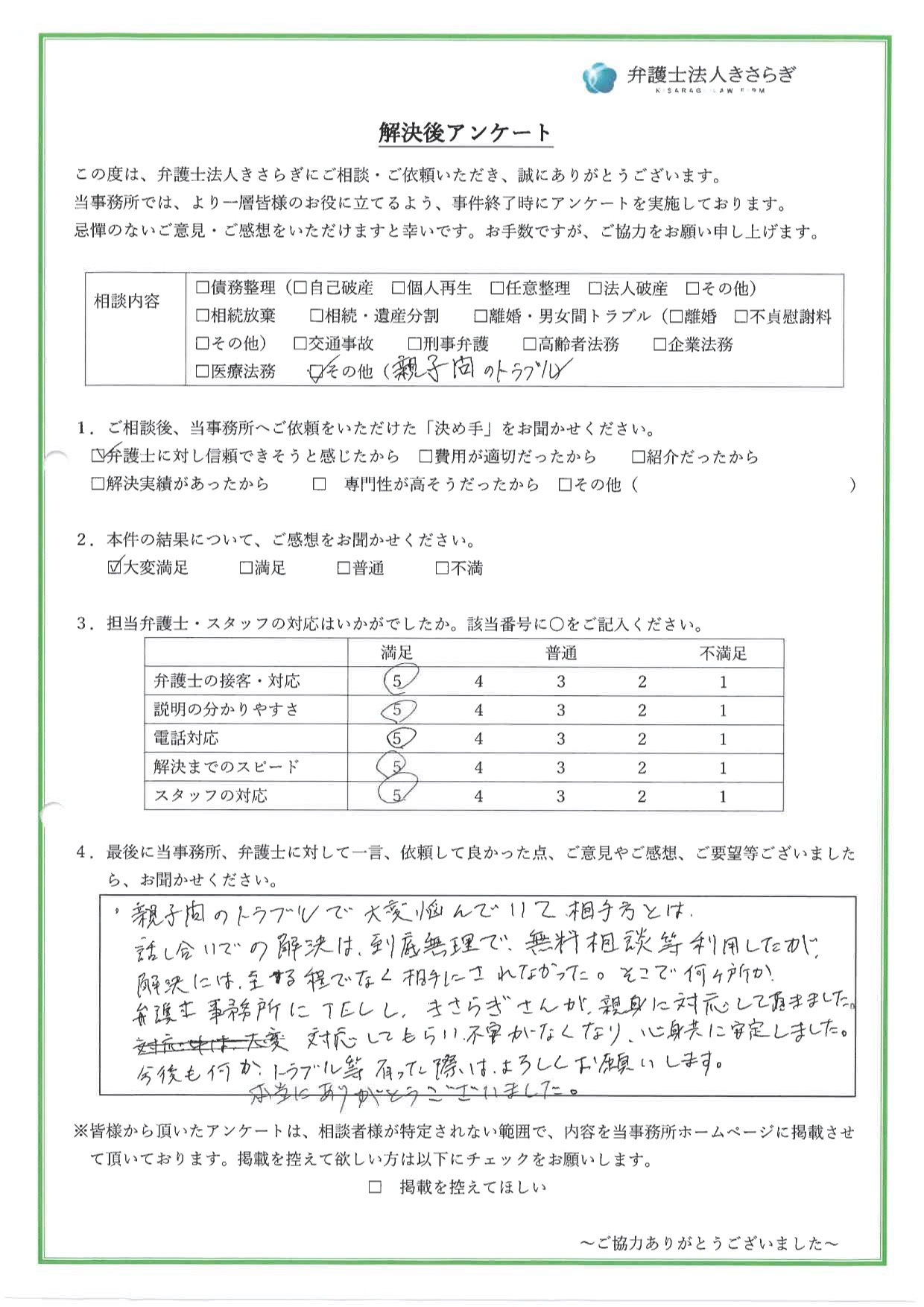 親子間のトラブルで大変悩んでいて、相手方とは話し合いでの解決は到底無理で、無料相談等利用したが解決には至る程ではなく相手にされなかった。そこで何ヶ所か弁護士事務所にTELし、きさらぎさんが親身に対応して頂きました。対応してもらい不安がなくなり、心身共に安定しました。今後も何か、トラブル等有った際はよろしくお願いします。本当にありがとうございました