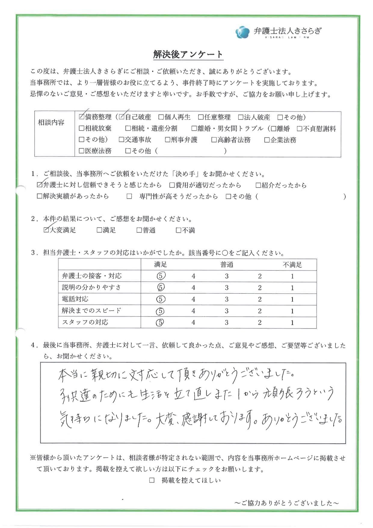 本当に親切に対応して頂きありがとうございました。子供達のためにも生活を立て直し、また1から頑張ろうという気持ちになりました。大変、感謝しております。ありがとうございました