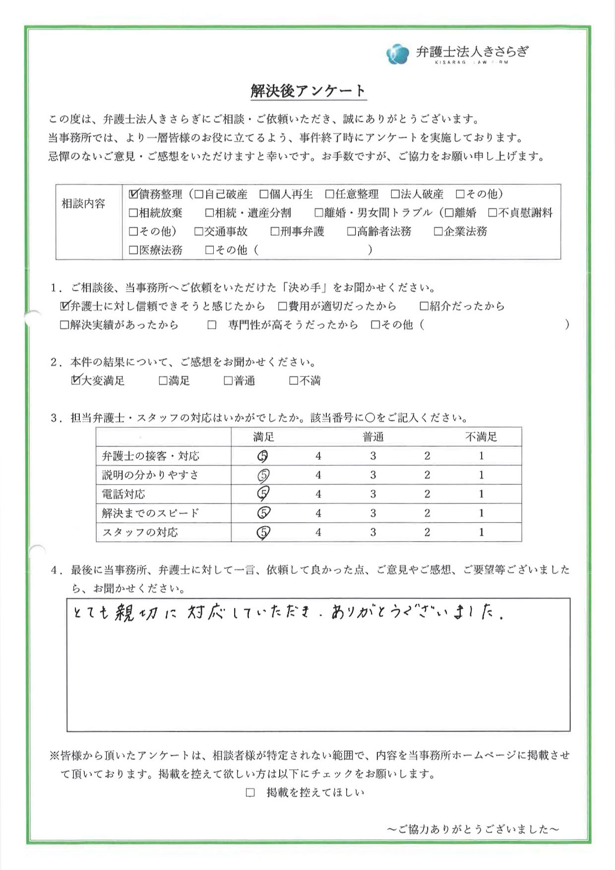 とても親切に対応していただき、ありがとうございました