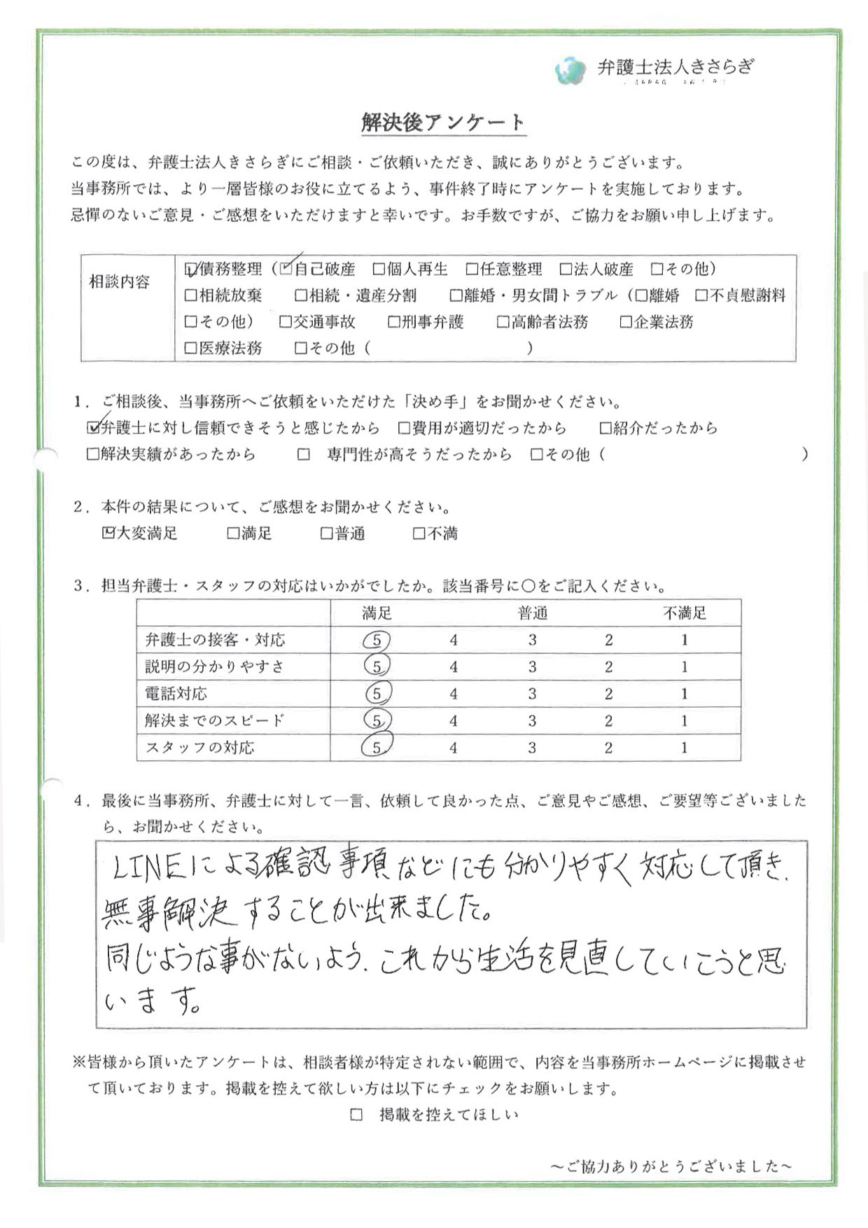 LINEによる確認事項などにも分かりやすく対応して頂き、無事解決することが出来ました。同じような事がないよう、これから生活を見直していこうと思います