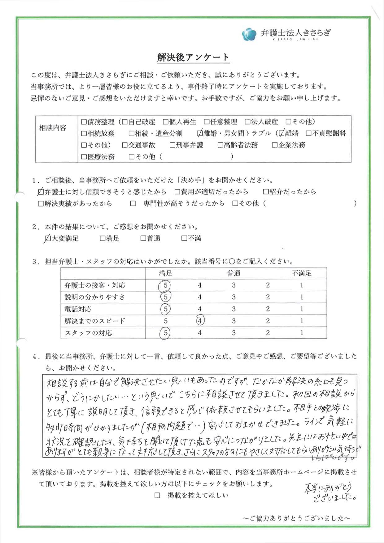 相談する前は自分で解決させたい思いもあったのですが、なかなか解決の糸口も見つからず、どうにかしたい・・・という思いでこちらに相談させて頂きました。初回の相談からとても丁寧に説明して頂き、信頼できると感じ依頼させてもらいました。相手との交渉に多少時間がかかりましたが（相手の問題で…）安心しておまかせできました。ラインで気軽に状況を確認したり、気持ちを聞いて頂けた点も安心につながりました。先生にはお忙しい中ではありますが、とても親身になって対応して頂き、さらにスタッフの方々にもやさしく対応してもらいありがたい気持ちでいっぱいです。本当にありがとうございました