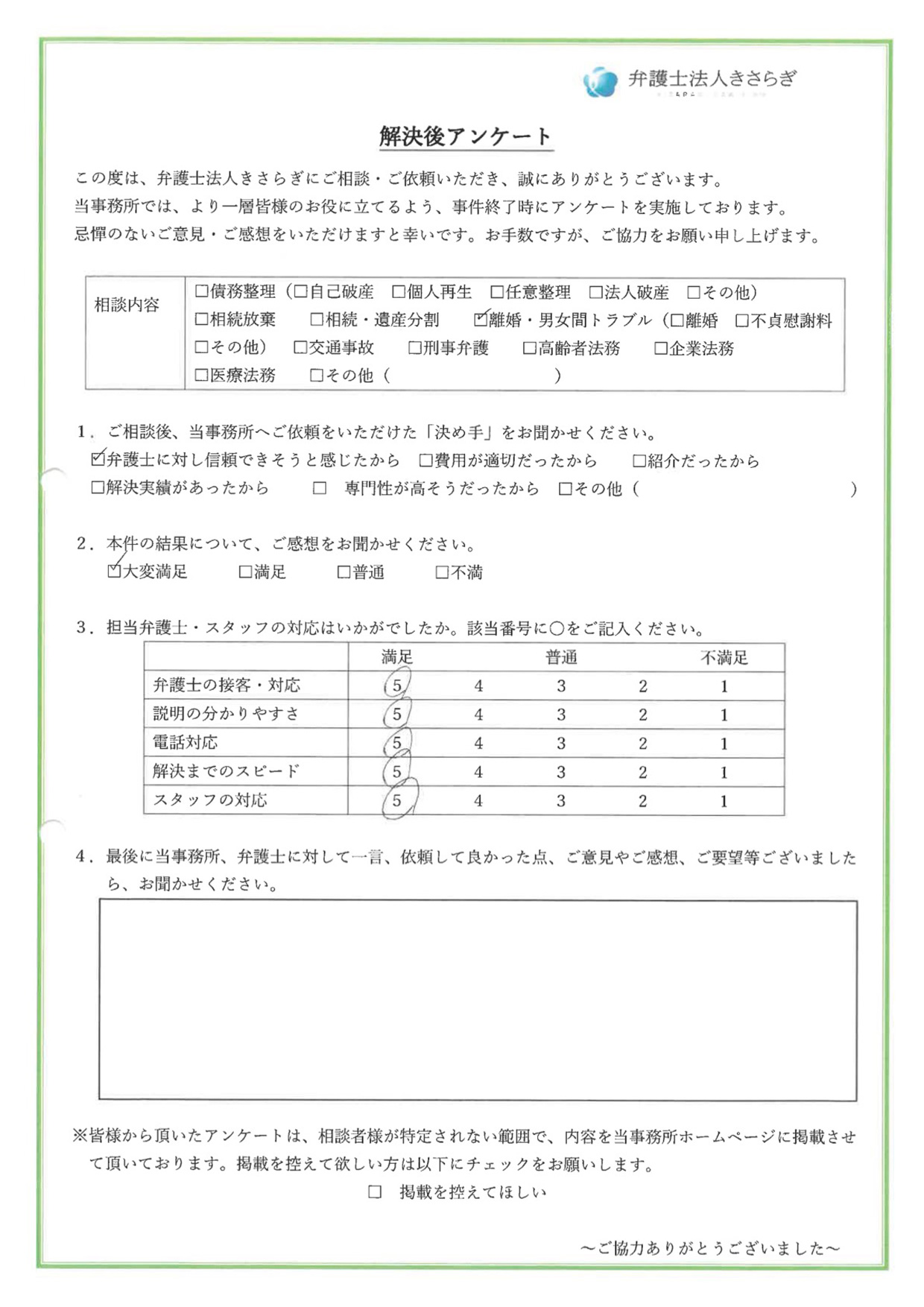 結果について大変満足しています