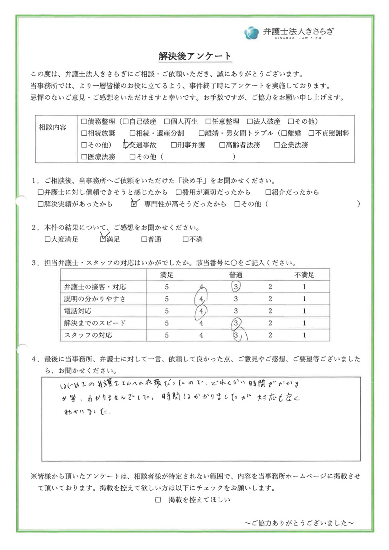 はじめての弁護士さんへの依頼だったので、どれくらい時間がかかるか等わかりませんでした。時間はかかりましたが対応も良く助かりました