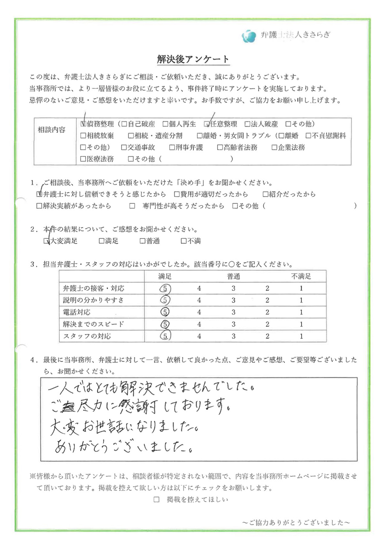 一人ではとても解決できませんでした。ご尽力に感謝しております。大変お世話になりました。ありがとうございました