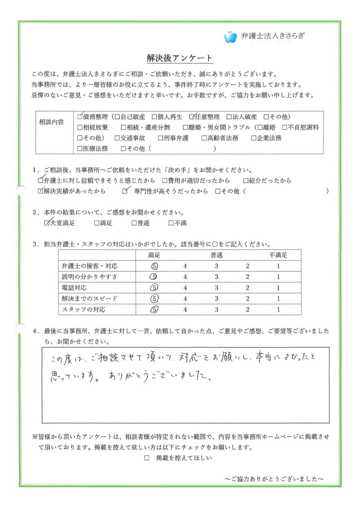 この度は、ご相談させて頂いて対応をお願いし、本当によかったと思っています。ありがとうございました