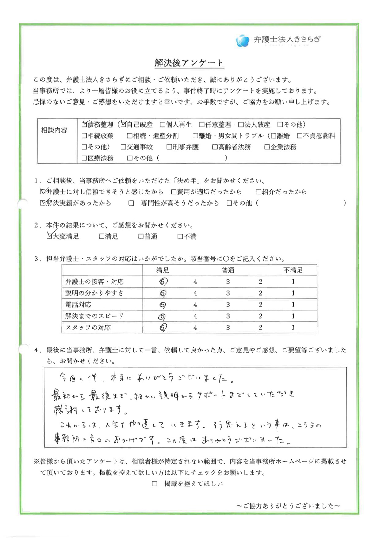 今回の件、本当にありがとうございました。最初から最後まで、細かい説明からサポートまでしていただき、感謝しております。これからは、人生をやり直していきます。そう思えるという事は、こちらの事務所の方々のおかげです。この度はありがとうございました