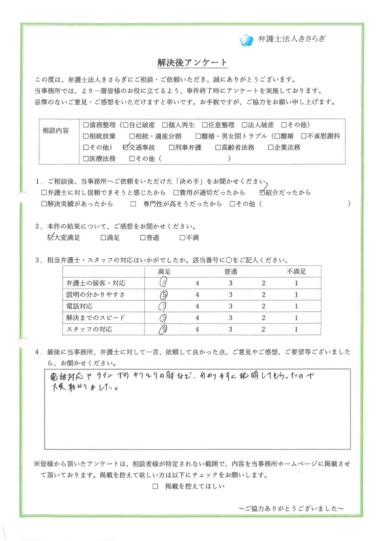 電話対応やラインでのやりとりの時など、分かりやすく説明してもらったので大変助かりました