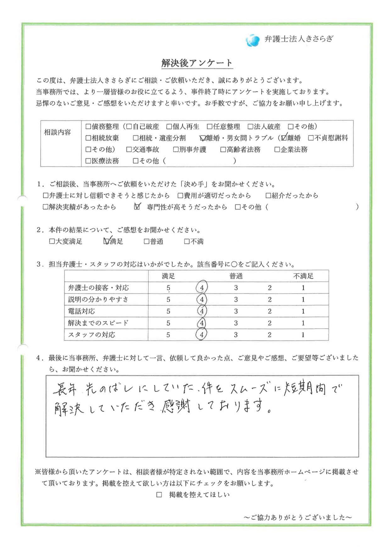 長年先のばしにしていた件をスムーズに短期間で解決していただき、感謝しております