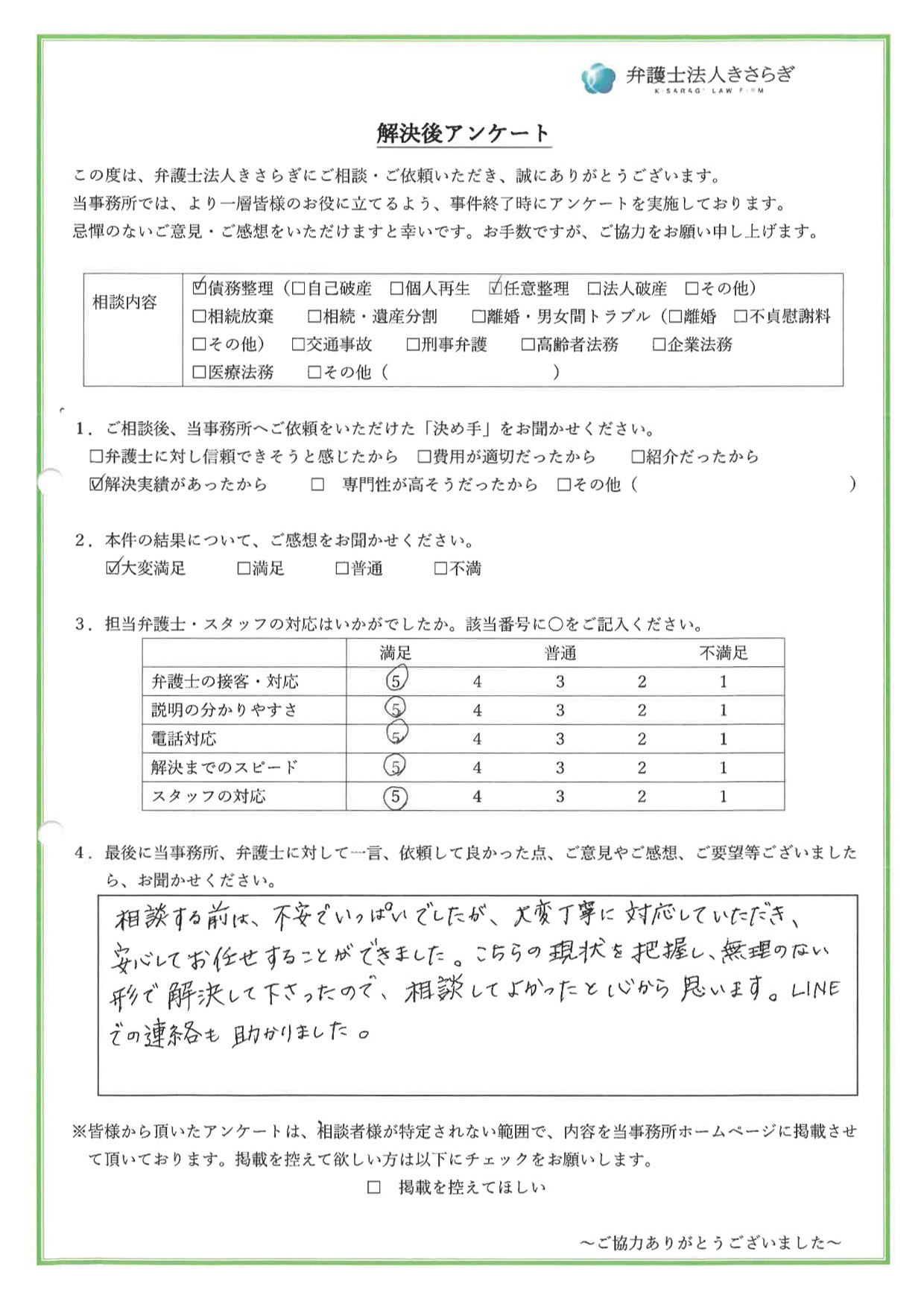 相談する前は、不安でいっぱいでしたが、大変丁寧に対応していただき、安心してお任せすることができました。こちらの現状を把握し、無理のない形で解決して下さったので、相談してよかったと心から思います。LINEでの連絡も助かりました