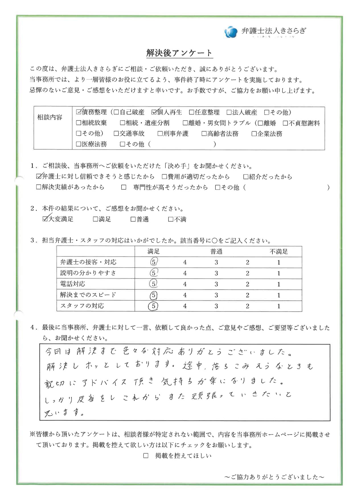 今回は解決まで色々な対応ありがとうございました。解決しホッとしております。途中、落ちこみそうなときも親切にアドバイス頂き、気持ちが楽になりました。しっかり反省をし、これからまた頑張っていきたいと思います