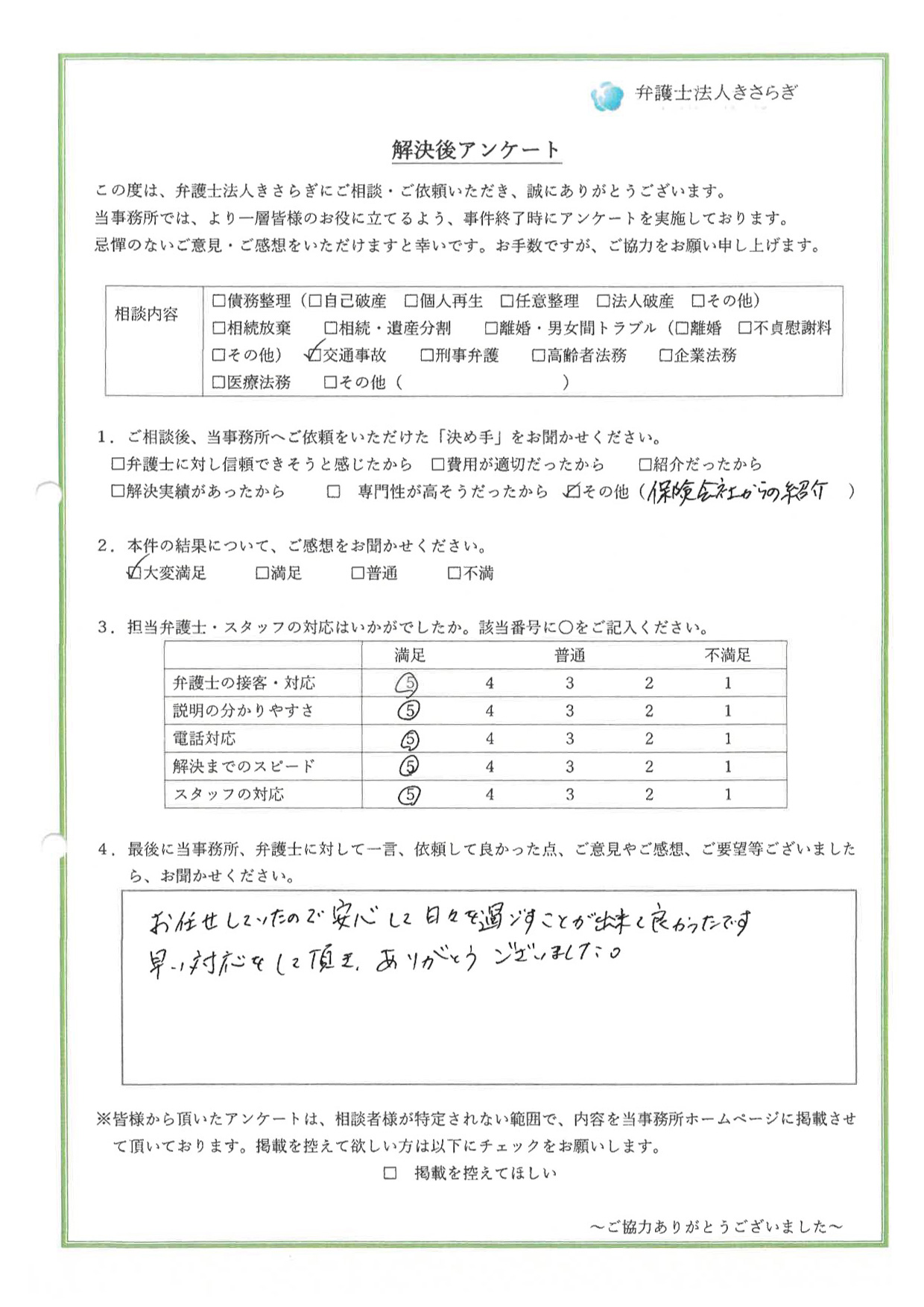 お任せしていたので安心して日々を過ごすことが出来て良かったです。早い対応をして頂き、ありがとうございました