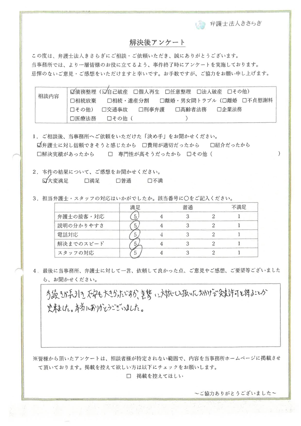 手続きが長引き不安も大きかったですが、真摯に対応して頂いたおかげで免責許可を得ることが出来ました。本当にありがとうございました