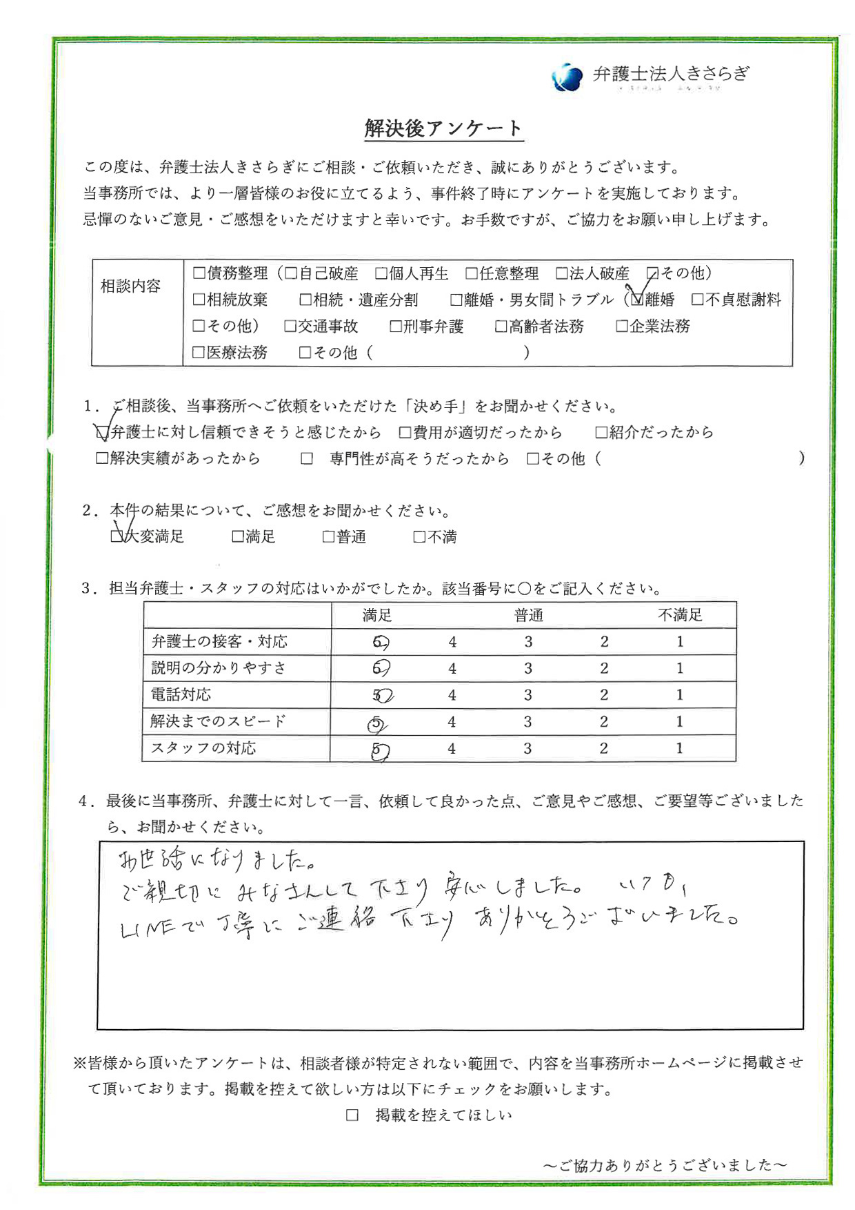 お世話になりました。ご親切にみなさんして下さり安心しました。いつも、LINEで丁寧にご連絡下さりありがとうございました