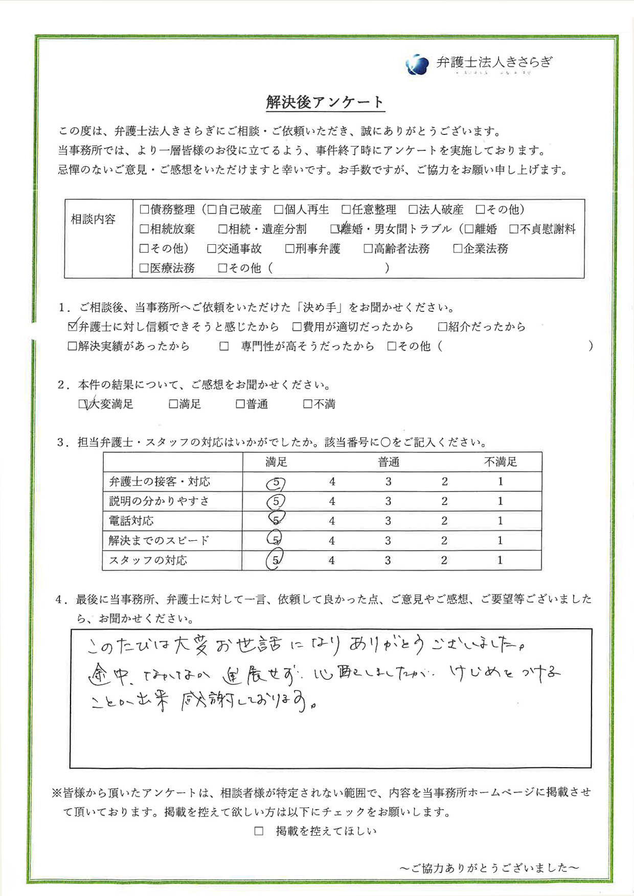 このたびは大変お世話になりありがとうございました。途中、なかなか進展せず心配しましたが、けじめをつけることが出来、感謝しております