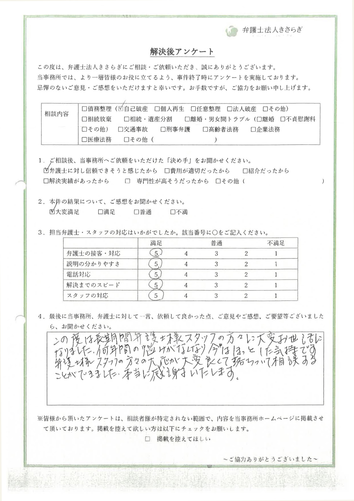この度は長期間弁護士様スタッフの方々に大変お世話になりました。何年間の悩みがなくなり今はほっとした気持です。弁護士様スタッフの方々の対応が大変良くて落ち着いて相談することができました。本当に感謝いたします