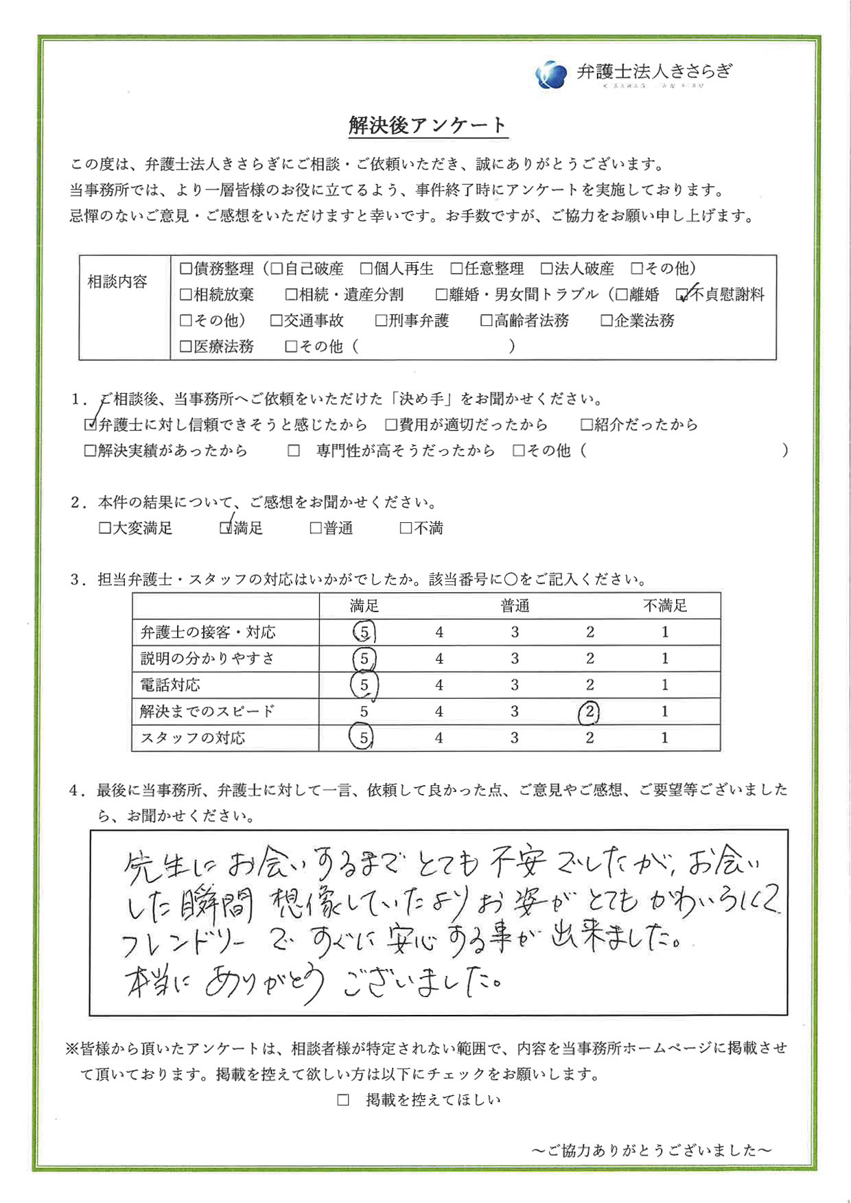 先生にお会いするまでとても不安でしたが、お会いした瞬間、想像していたよりお姿がとてもかわいらしくてフレンドリーで、すぐに安心する事が出来ました。本当にありがとうございました
